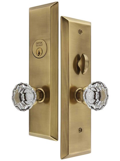 Harrison Mortise Entry Set with Astoria Crystal-Glass Knobs Left Handed in Antique Brass.